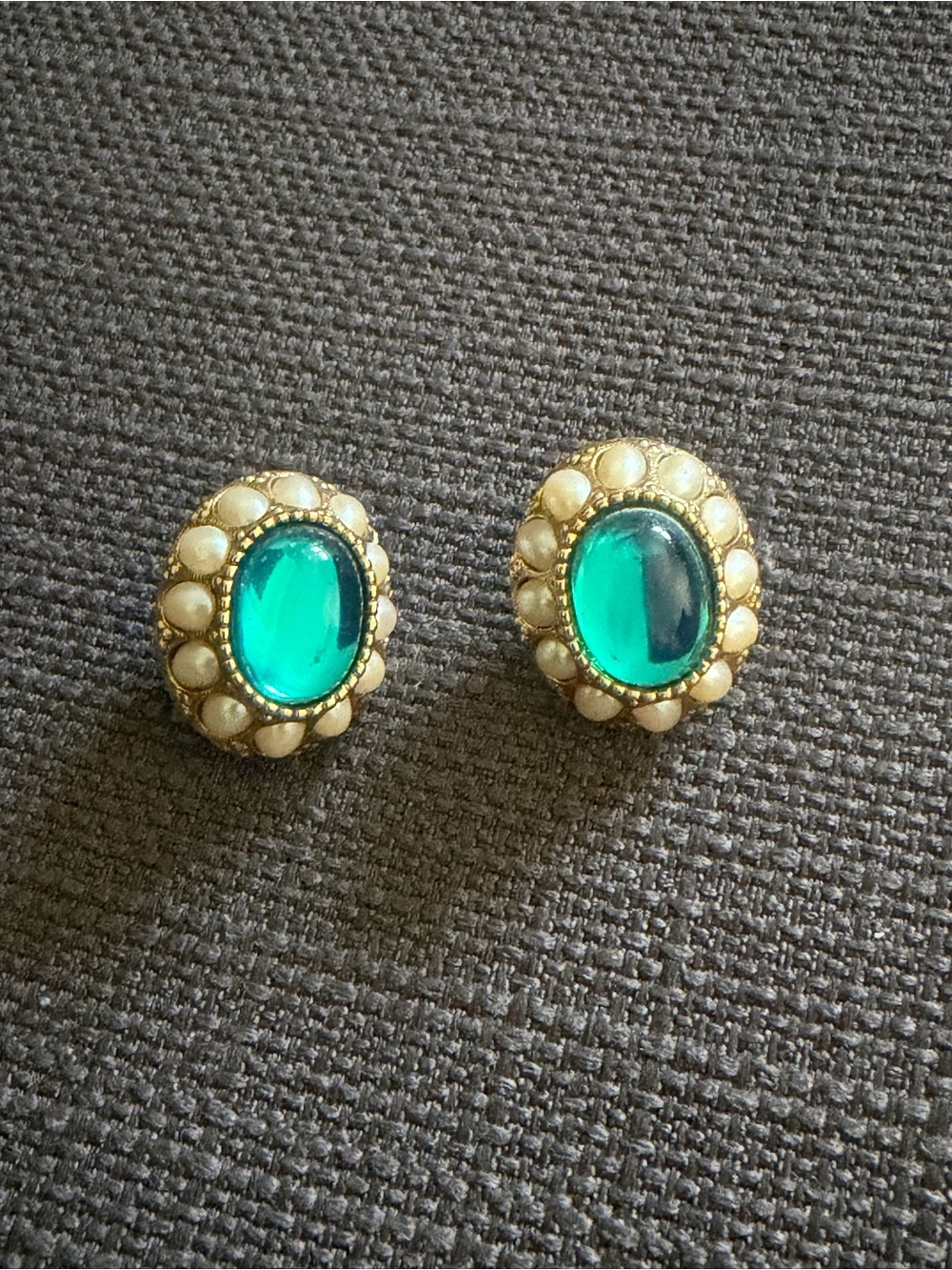Vintage-Inspired Gold Pearl Emerald Cabochon Earrings